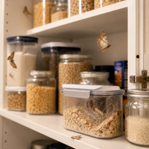 Pantry moth near dry goods inside a Palm Springs kitchen cabinet