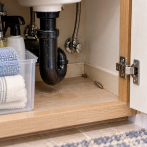 Silverfish near a leaking pipe beneath a bathroom sink, showing a hidden moisture source that can attract silverfish in Coachella Valley homes. 